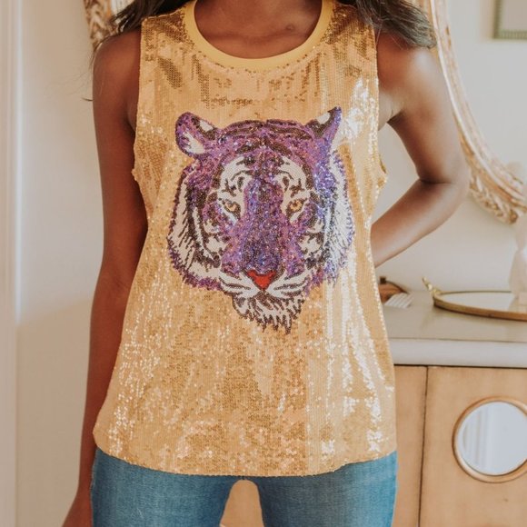 Sparkle City Tops - Sparkle City Seaux Tiger Sequin Tank Top